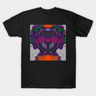 Purple Halloween Damask Print Spooky Ghosts, Bats, and Pumpkins Print T-Shirt